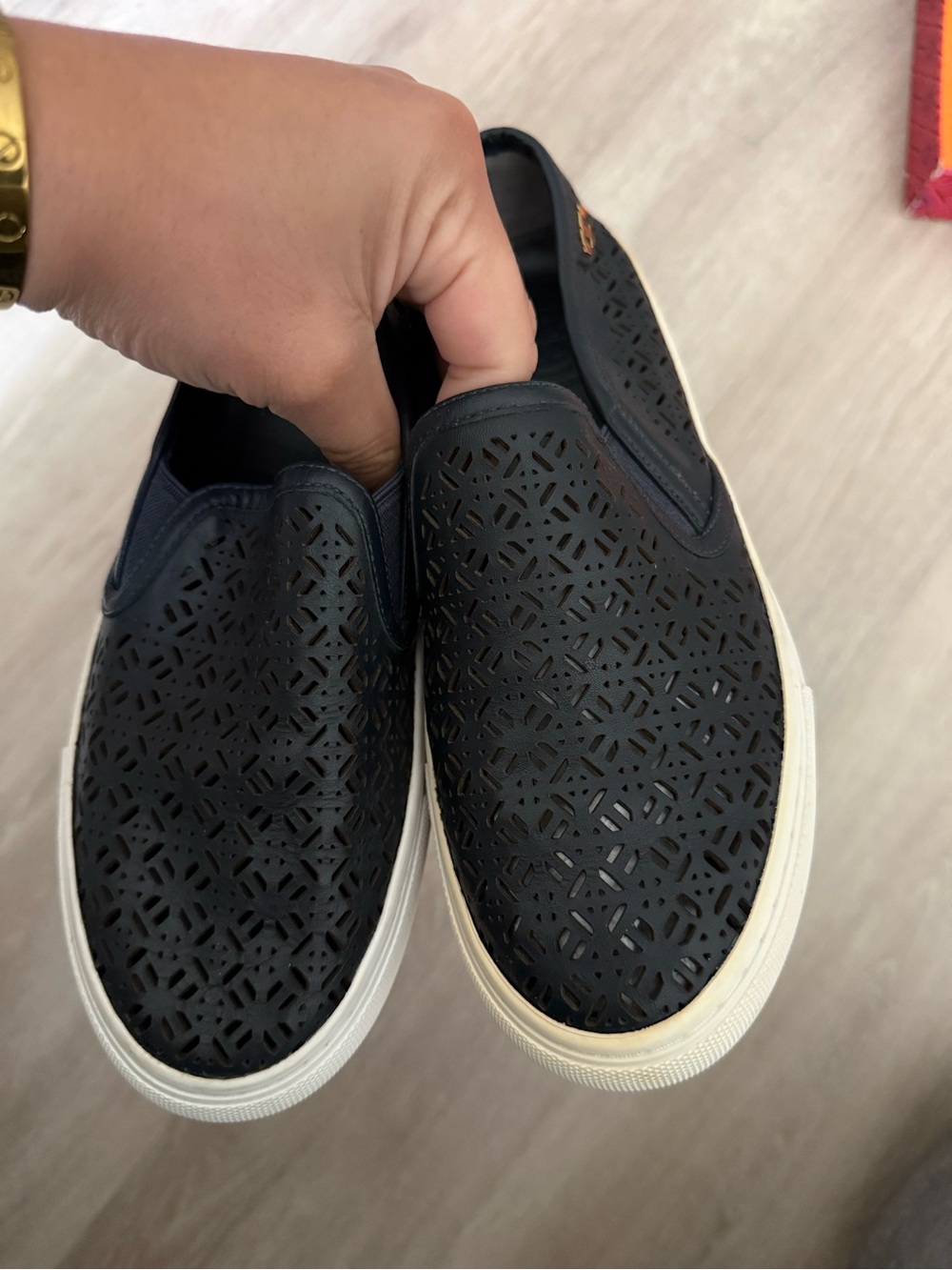 Tory Burch Navy Laser-Cut Slip-On Sneakers with White Sole
